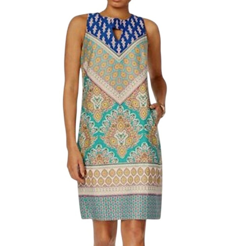 Nine West Dress Keyhole Cutout Sleeveless Aruba/Canary Multi Size 16 - Picture 1 of 16